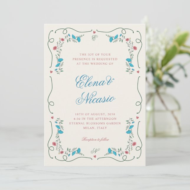 Invitación Boda azul rosado del marco botánico de Nouveau vin (Anverso de pie)