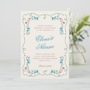 Invitación Boda azul rosado del marco botánico de Nouveau vin