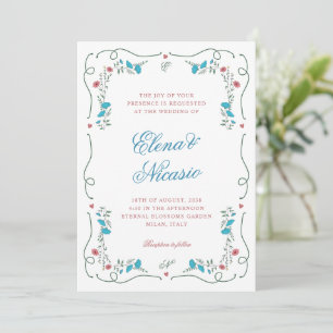 Invitación Boda azul rosado del marco botánico de Nouveau vin