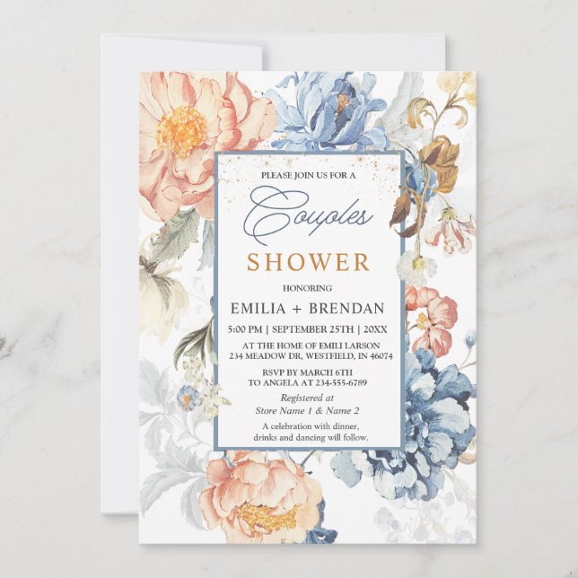 Invitación Boda azul Rubor Peach floral (Anverso)
