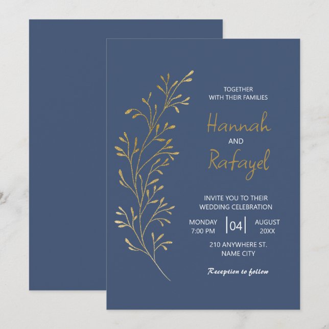 Invitación Boda Azul Simple Moderna con Hojas de Oro (Anverso / Reverso)