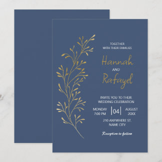 Invitación Boda Azul Simple Moderna con Hojas de Oro