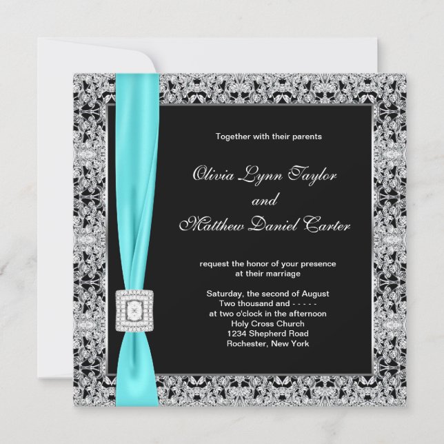 Invitación Boda Azul Teal Negro y Plateado (Anverso)
