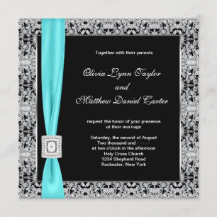 Invitación Boda Azul Teal Negro y Plateado