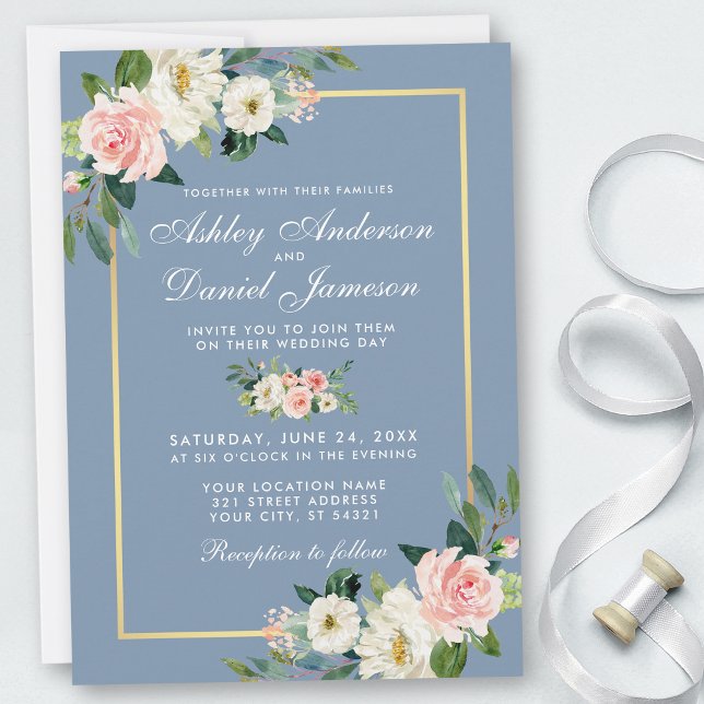 Invitación Boda azul turbio color de agua blanco rosado (Customize to change text size, style, background color or add more text or photos to back of card.)