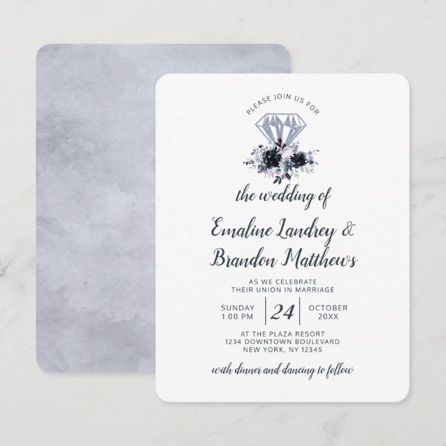 Invitación Boda azul turbio de diamantes florales nocturnos (Anverso / Reverso)