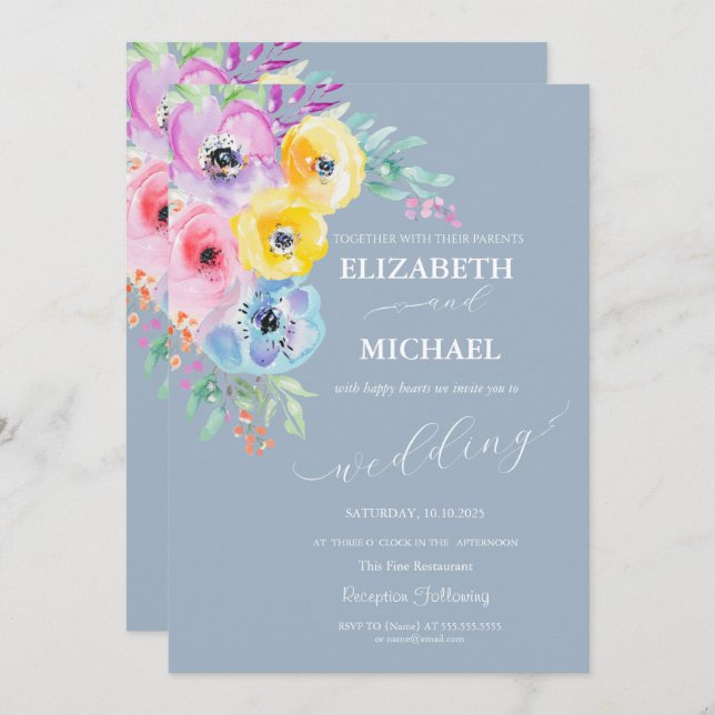 Invitación Boda azul turbio de las flores de primavera acuare (Anverso / Reverso)