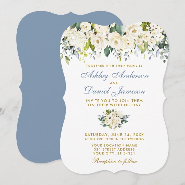 Invitación Boda azul turbio dorado floral blanco acuarela (Anverso / Reverso)