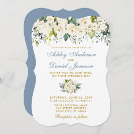 Invitación Boda azul turbio dorado floral blanco acuarela