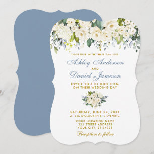 Invitación Boda azul turbio dorado floral blanco acuarela