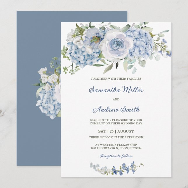 Invitación Boda azul turbio elegante (Anverso / Reverso)