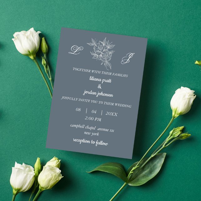Invitación boda azul turbio elegante monorgrama (Subido por el creador)