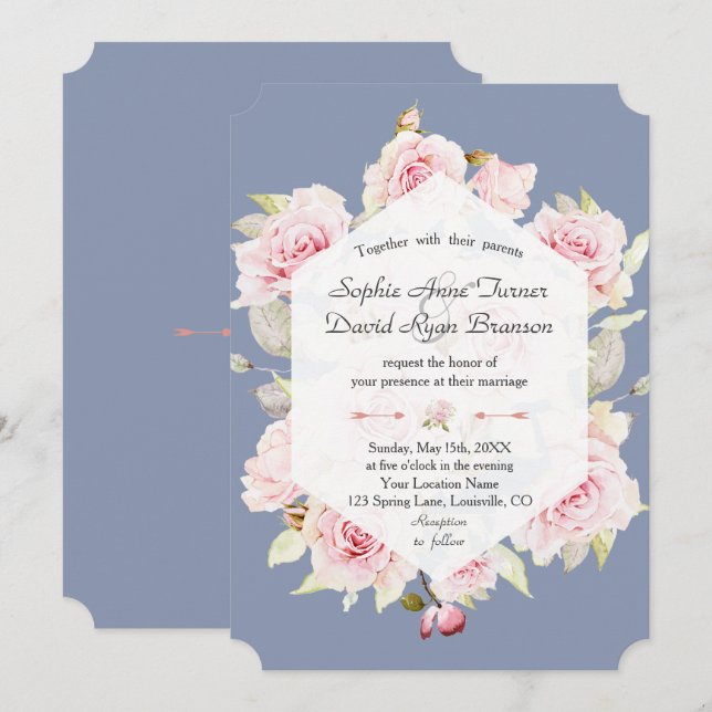 Invitación Boda azul turbio floral de bonito Rubor (Anverso / Reverso)
