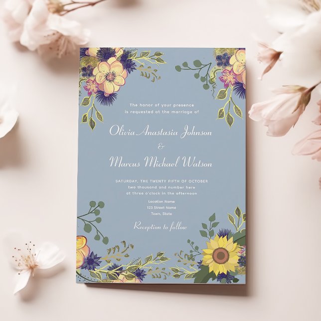 Invitación Boda azul turbio floral floral de girasol (Subido por el creador)