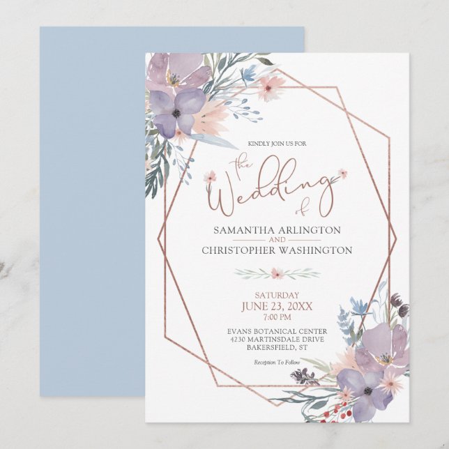 Invitación Boda azul turbio floral geométrico acuarela (Anverso / Reverso)