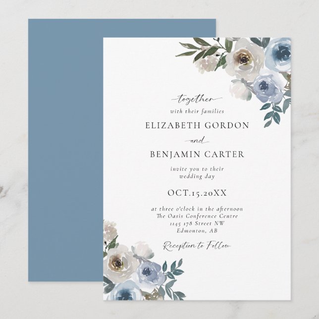 Invitación Boda azul turbio guión elegante floral rústico (Anverso / Reverso)