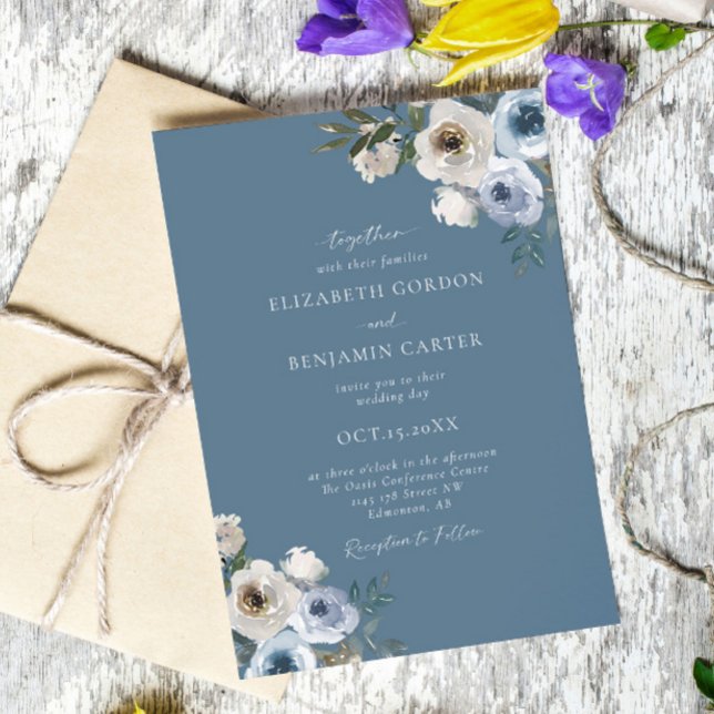 Invitación Boda azul turbio guión elegante floral rústico (Subido por el creador)