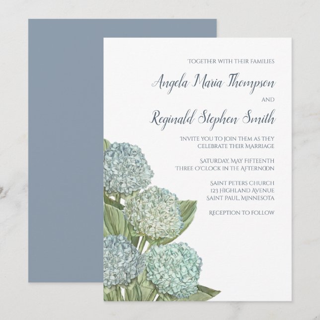 Invitación Boda azul turbio Hidrangea moderna Simple (Anverso / Reverso)