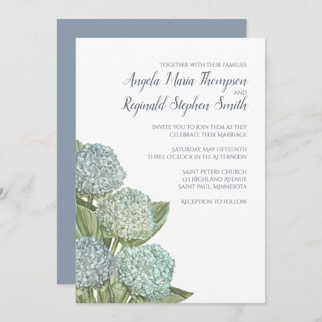 Invitación Boda azul turbio Hidrangea moderna Simple (Anverso / Reverso)