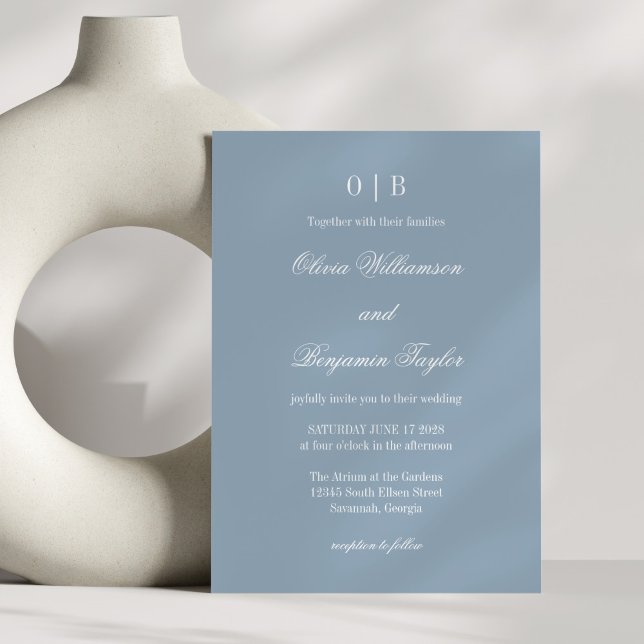 Invitación Boda azul turbio monograma clásico minimalista (Subido por el creador)