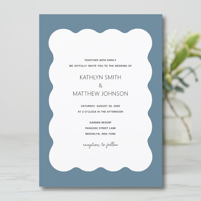 Invitación Boda azul turbio retro moderno de borde ondulado (Subido por el creador)