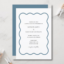 Invitación Boda azul turbio retro moderno de borde ondulado