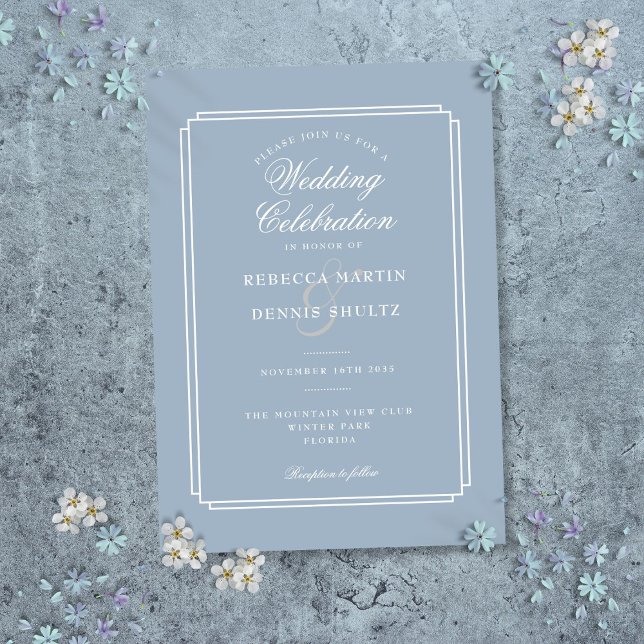 Invitación Boda azul turbio y Art Deco clásico (Classic Art Deco Dusty Blue Wedding Invitation)