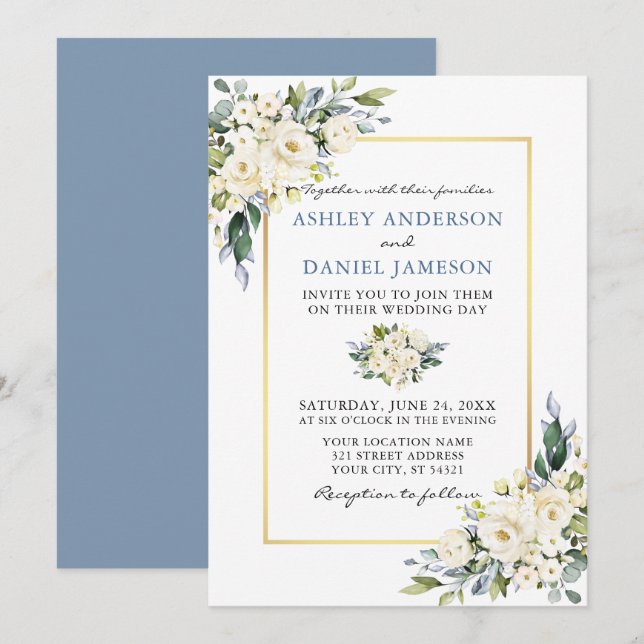 Invitación Boda azul turbio y floral blanco acuarela (Anverso / Reverso)