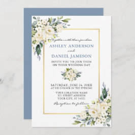 Invitación Boda azul turbio y floral blanco acuarela