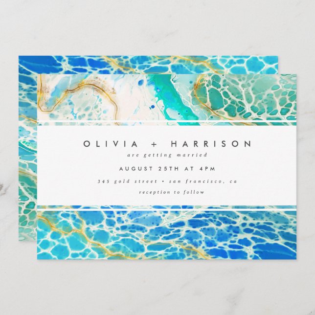 Invitación Boda azul turquesa de las olas oceánicas modernas (Anverso / Reverso)