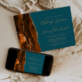 Invitación Boda Azul Turquesa Dorado Naranja Quemada