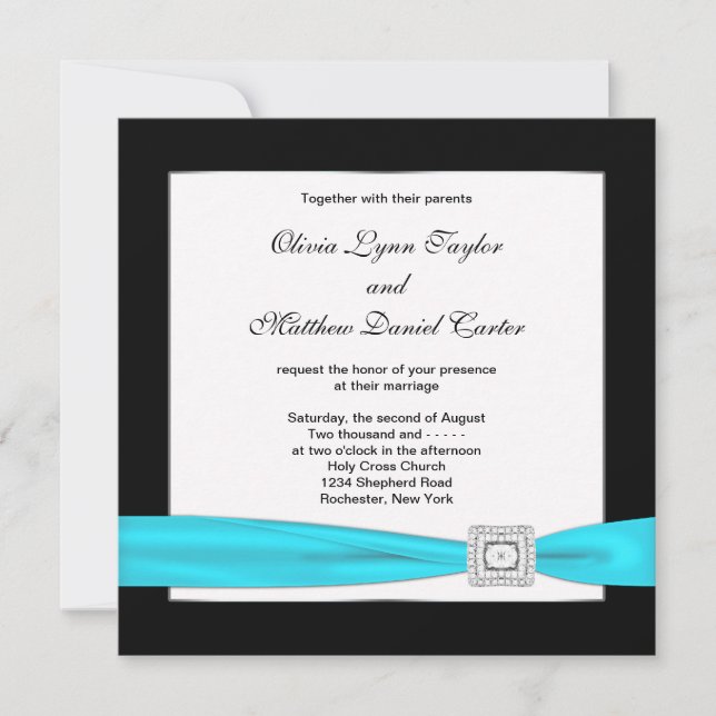 Invitación Boda azul turquesa negro azul turquesa (Anverso)