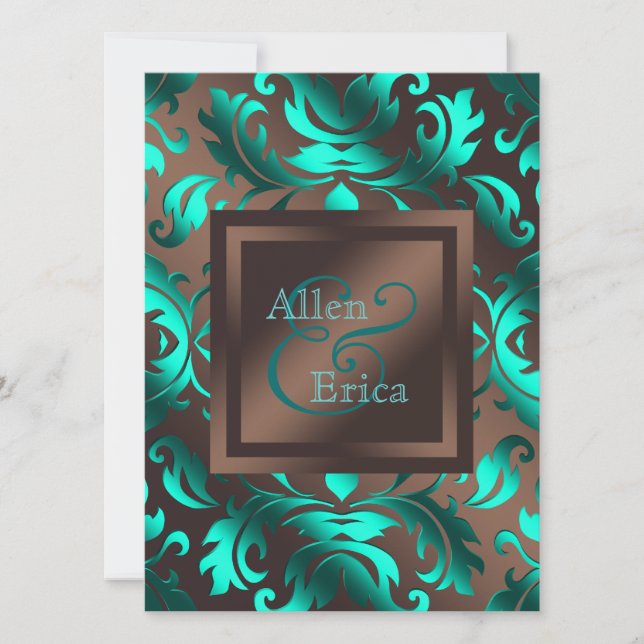 Invitación Boda azul turquesa y marrón chocolate (Anverso)