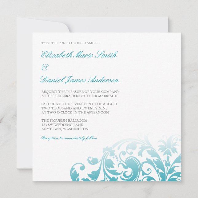 Invitación Boda azul verde azulada del remolino del Flourish (Anverso)