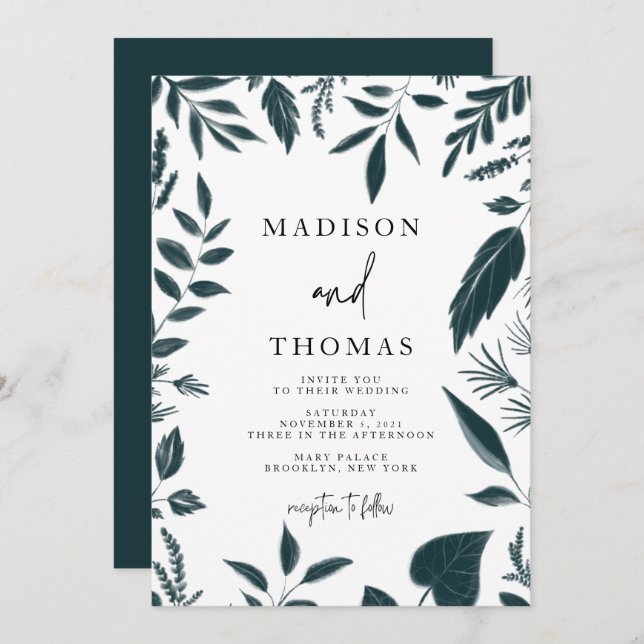 Invitación Boda azul Verde azulado botánico moderno (Anverso / Reverso)