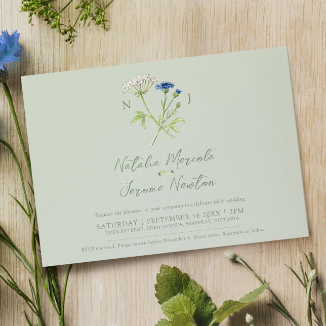 Invitación Boda azul verde botánico de Cornflower hartwort (Subido por el creador)