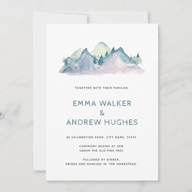 Invitación Boda azul verde de la naturaleza de las montañas d (Anverso)
