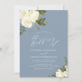 Invitación boda azul verdor blanco floral y polvoriento
