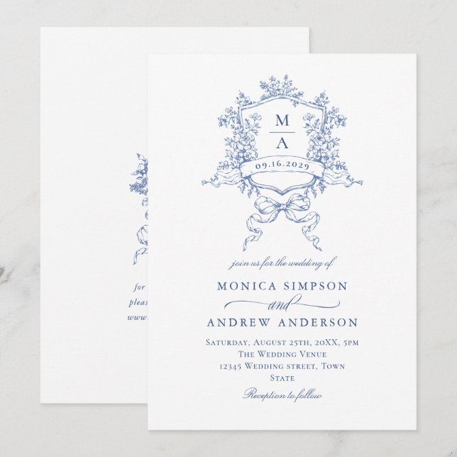 Invitación Boda azul victoriano Ornate Escudo floral (Anverso / Reverso)