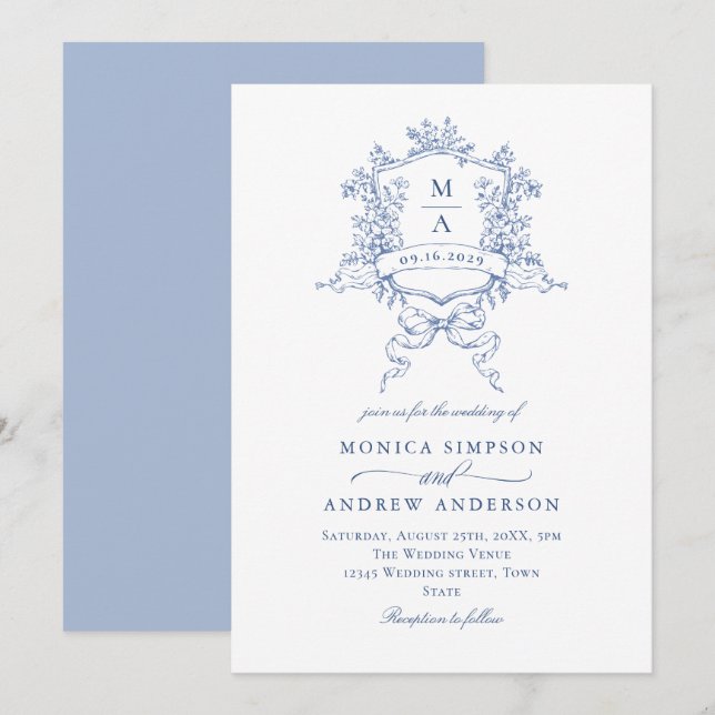 Invitación Boda azul victoriano Ornate Escudo floral (Anverso / Reverso)