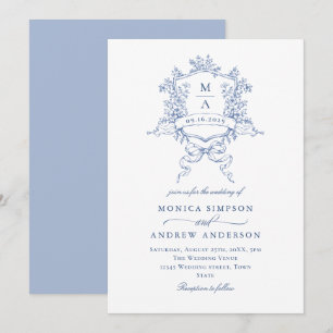 Invitación Boda azul victoriano Ornate Escudo floral