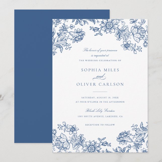 Invitación Boda azul vintage floral elegante (Anverso / Reverso)