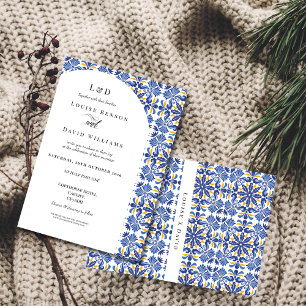 Invitación Boda azul y amarillo elegante mediterráneo