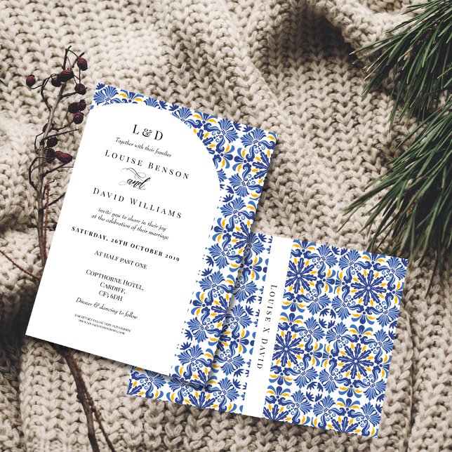 Invitación Boda azul y amarillo elegante mediterráneo (Subido por el creador)