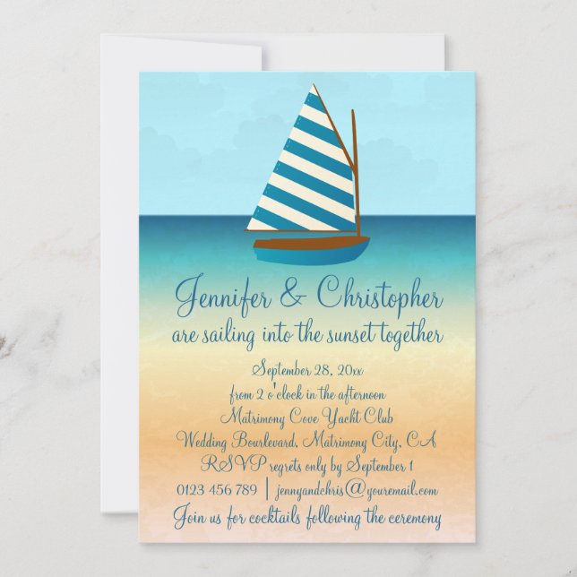 Invitación Boda azul y blanca del barco de navegación (Anverso)
