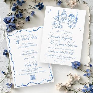 Invitación Boda azul y blanco con grillos dibujados a mano re