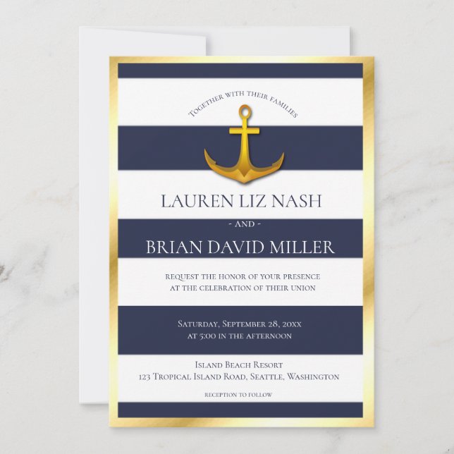 Invitación Boda azul y blanco de la Marina de Anclaje Náutico (Anverso)