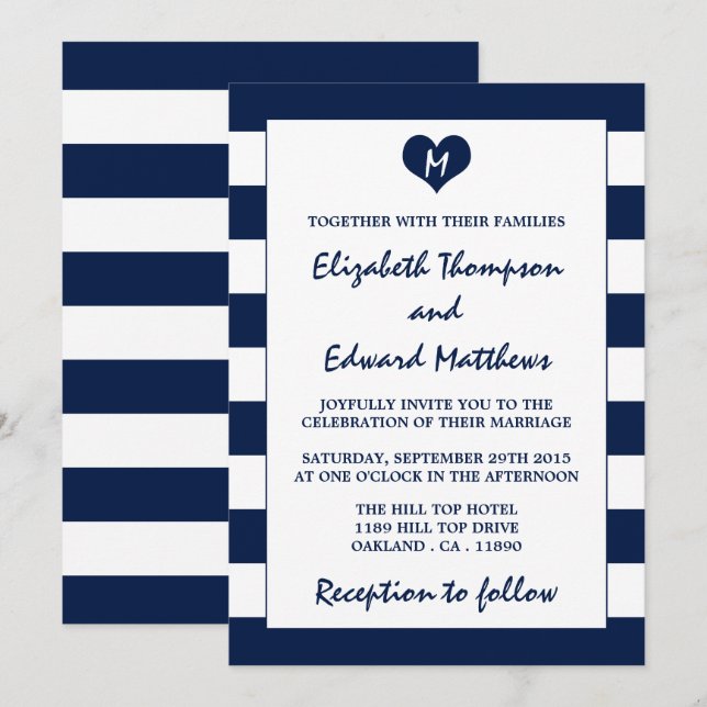Invitación Boda azul y blanco de la Marina de Moda moderna (Anverso / Reverso)