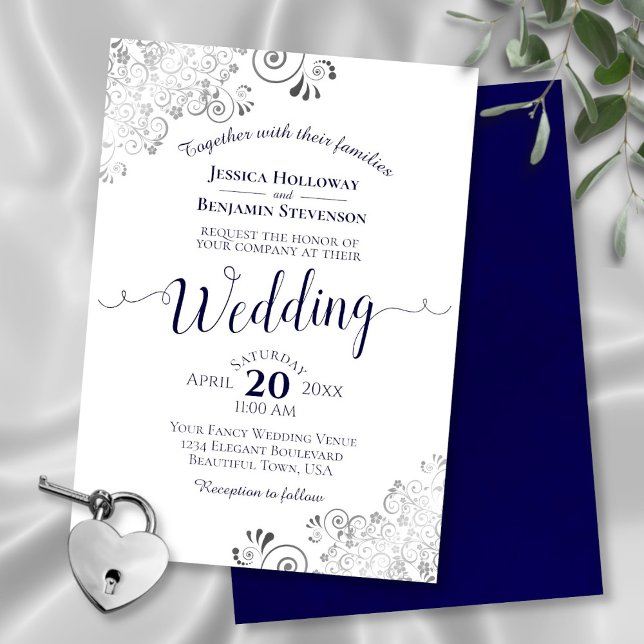 Invitación Boda azul y blanco elegante de la Marina Plata (In Situ Front and Back)