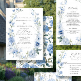 Invitación Boda azul y blanco elegante de verano floral